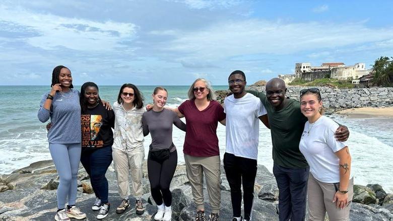 Lou Bellinghausen, Arizona State University; Kofi Adu, Penn State Altoona; Malek Stafford, Troy University; Lara LaDage, Penn State Altoona; Eva Gates, Penn State Altoona; Lilly Blanchard, Louisiana Tech; Rachel Desulme, Penn State Altoona, in Cape Coast.